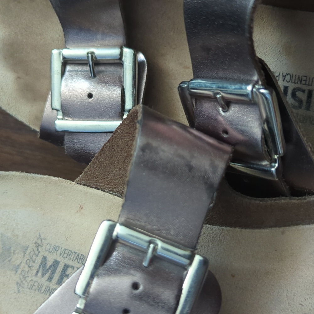 Mephisto Shiny Bronze Buckle Wedge Sandals - Picture 6 of 10